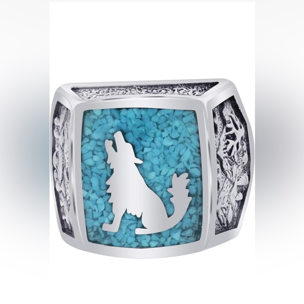 Men's Southwest Simulated Turquoise Inlaid How Call Wolf Silver Ring Size 6